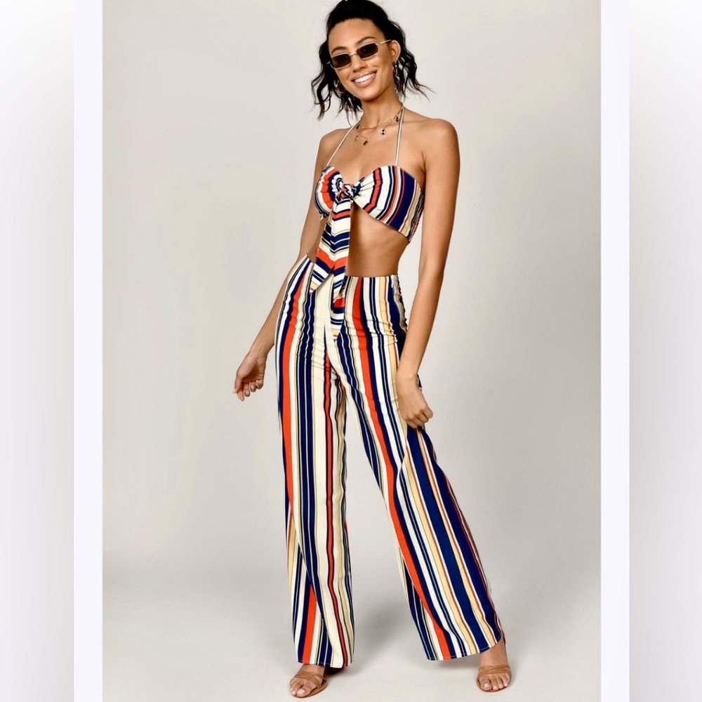 SUMMER HEAT MULTI LONG TIE CROP TOP & PANTS SET